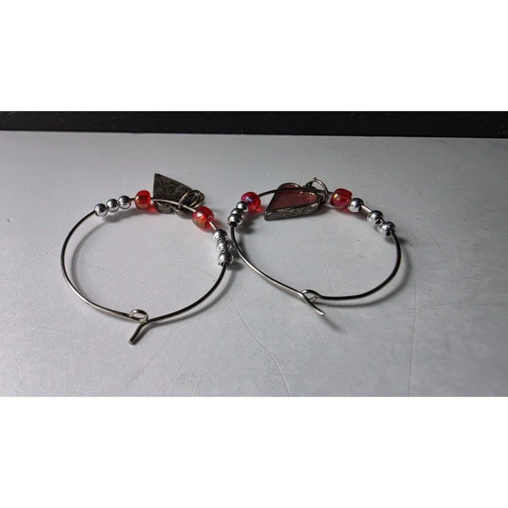 Silver Tone Metal Beaded Heart Hoop Pierce Earrings Vintage Costume Jewelry READ